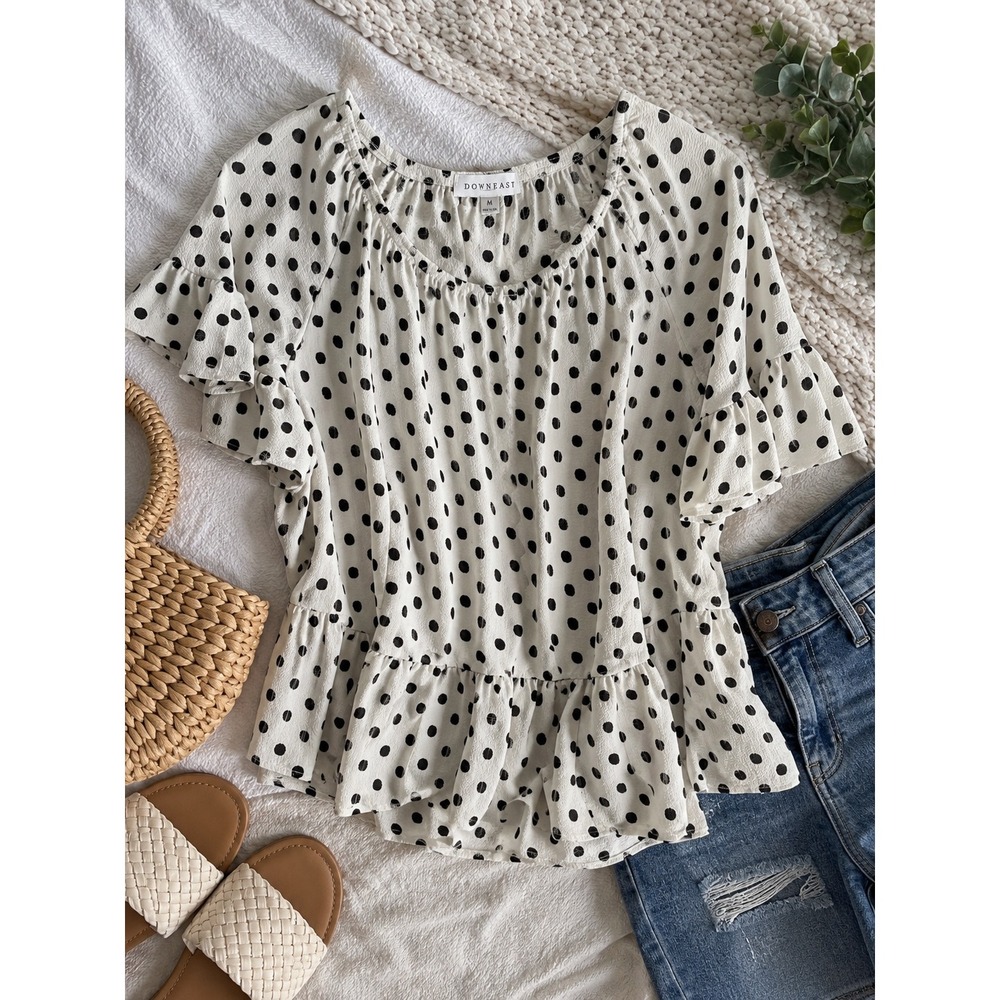 Downeast Womens Polka Dot Ruffle Sleeve Peplum Blouse White Black Size M